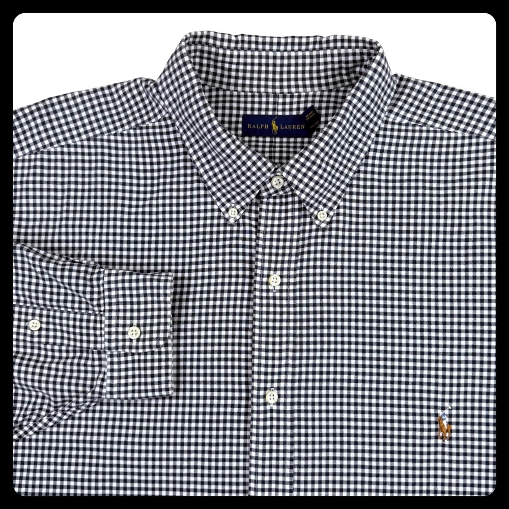 Ralph Lauren Button Down Shirt Men 3XLT Black White Gingham Cotton Long Sleeve